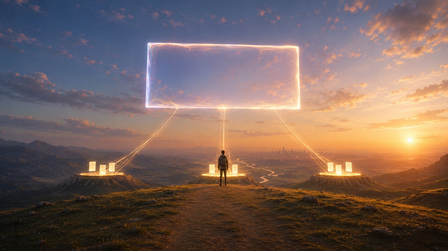 A figure looking up at an AI answer assembled from several glowing source pages, illustrating how AI search cites the pages behind its answer