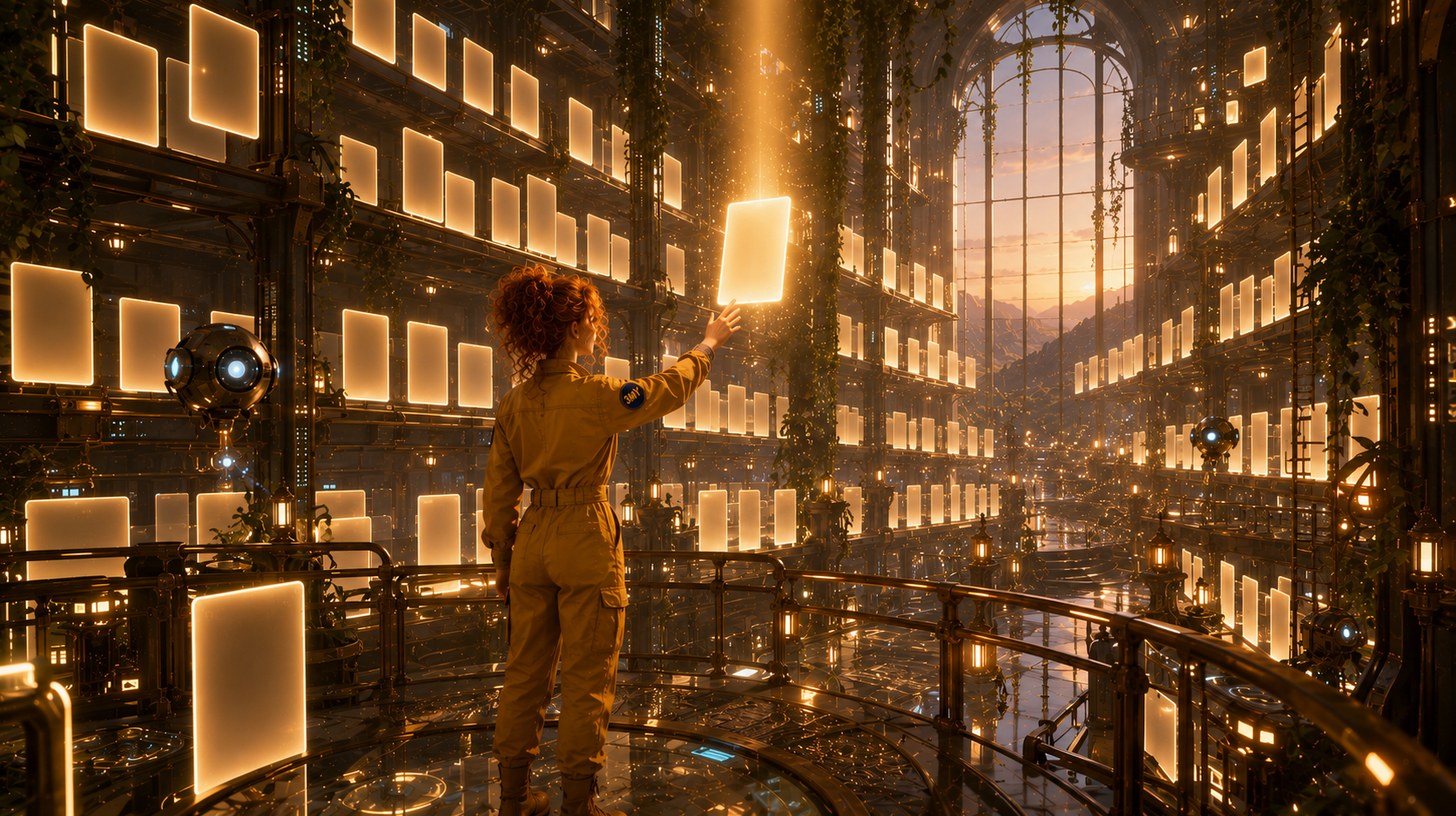 A vast archive of glowing pages with one page lifted on a beam of light, illustrating how an AI answer picks a single source