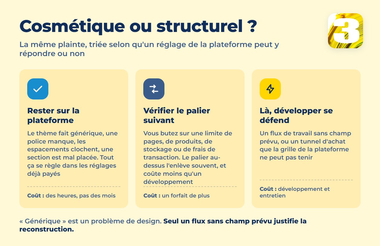 Graphique triant les plaintes en trois : rester sur la plateforme, vérifier le palier suivant, ou développer sur mesure