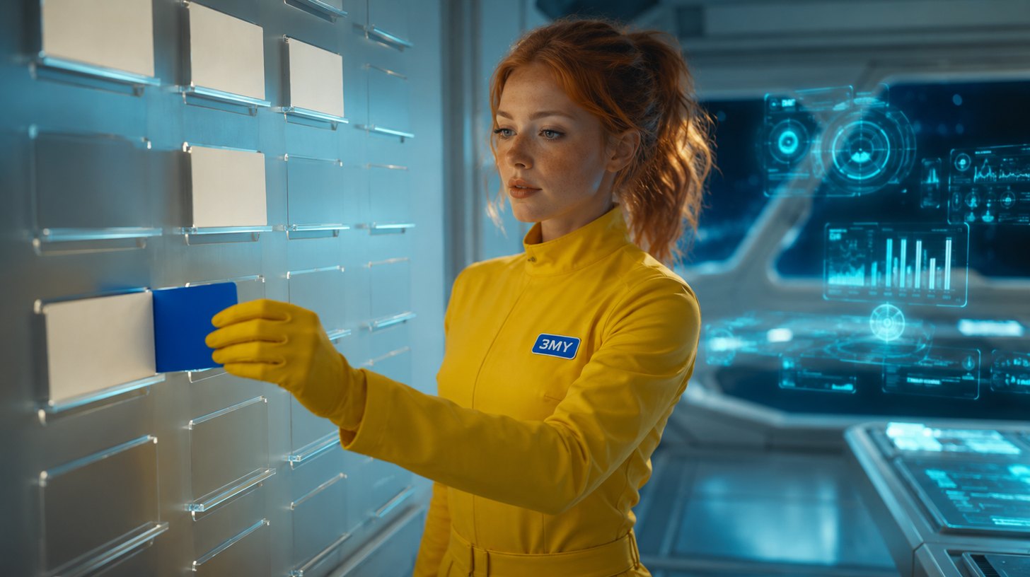 A gloved hand sliding a blue card into an empty slot on a holographic planning grid