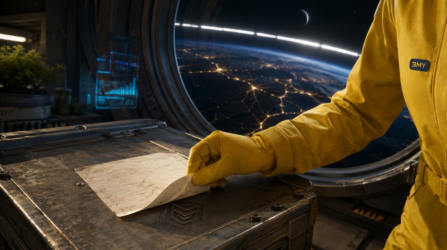 A gloved hand lifting a crooked paper tag that had been stuck over a crisp factory-stamped mark