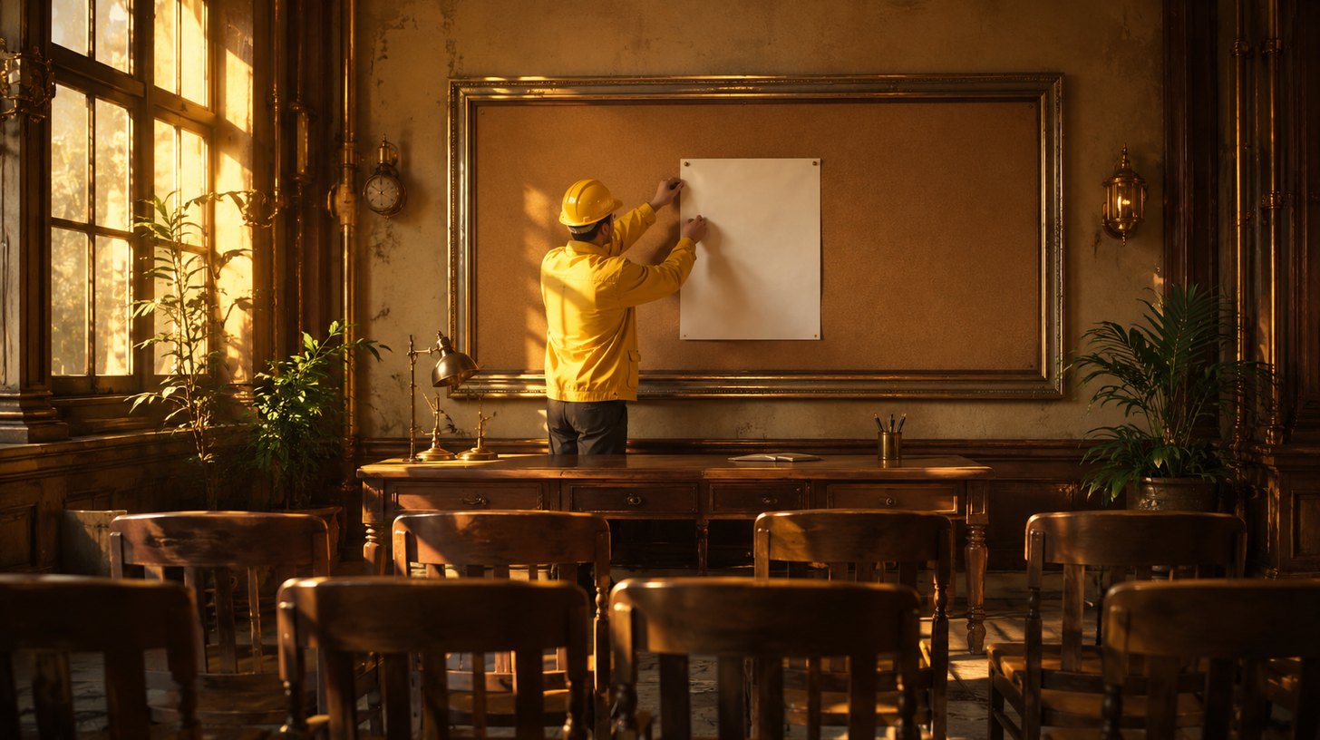 A worker pinning a single sheet to a public notice board while a row of empty chairs faces him