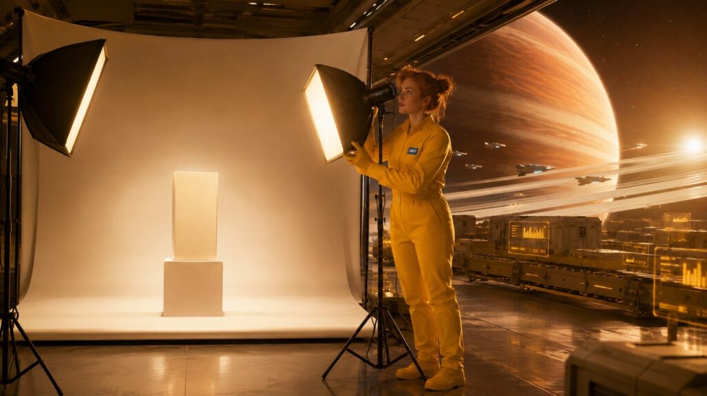A seamless pure-white photography sweep lit by two softboxes, one plain object at its centre
