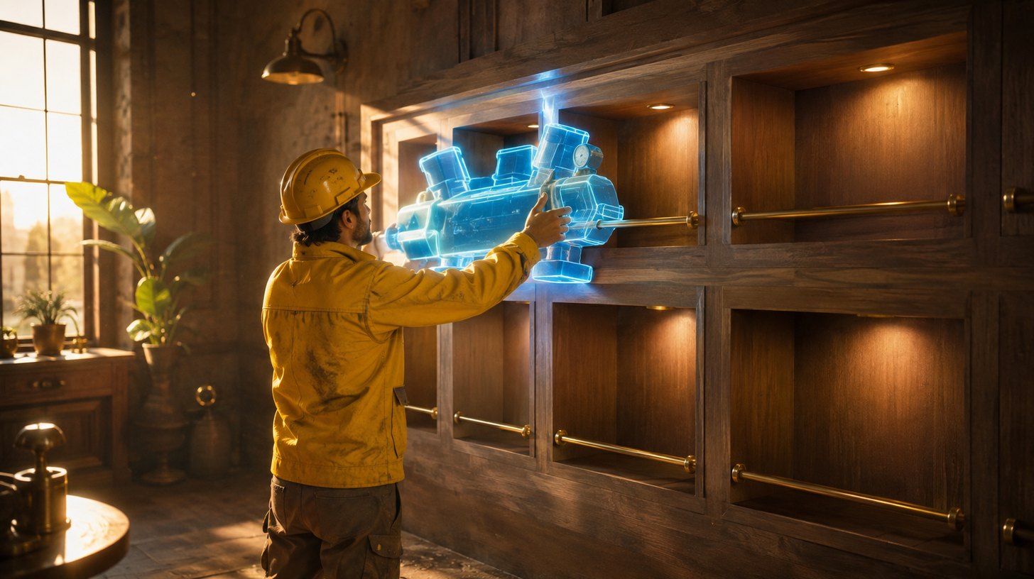 A worker trying to fit large irregular equipment into a row of identical rectangular built-in niches where it will not sit flush