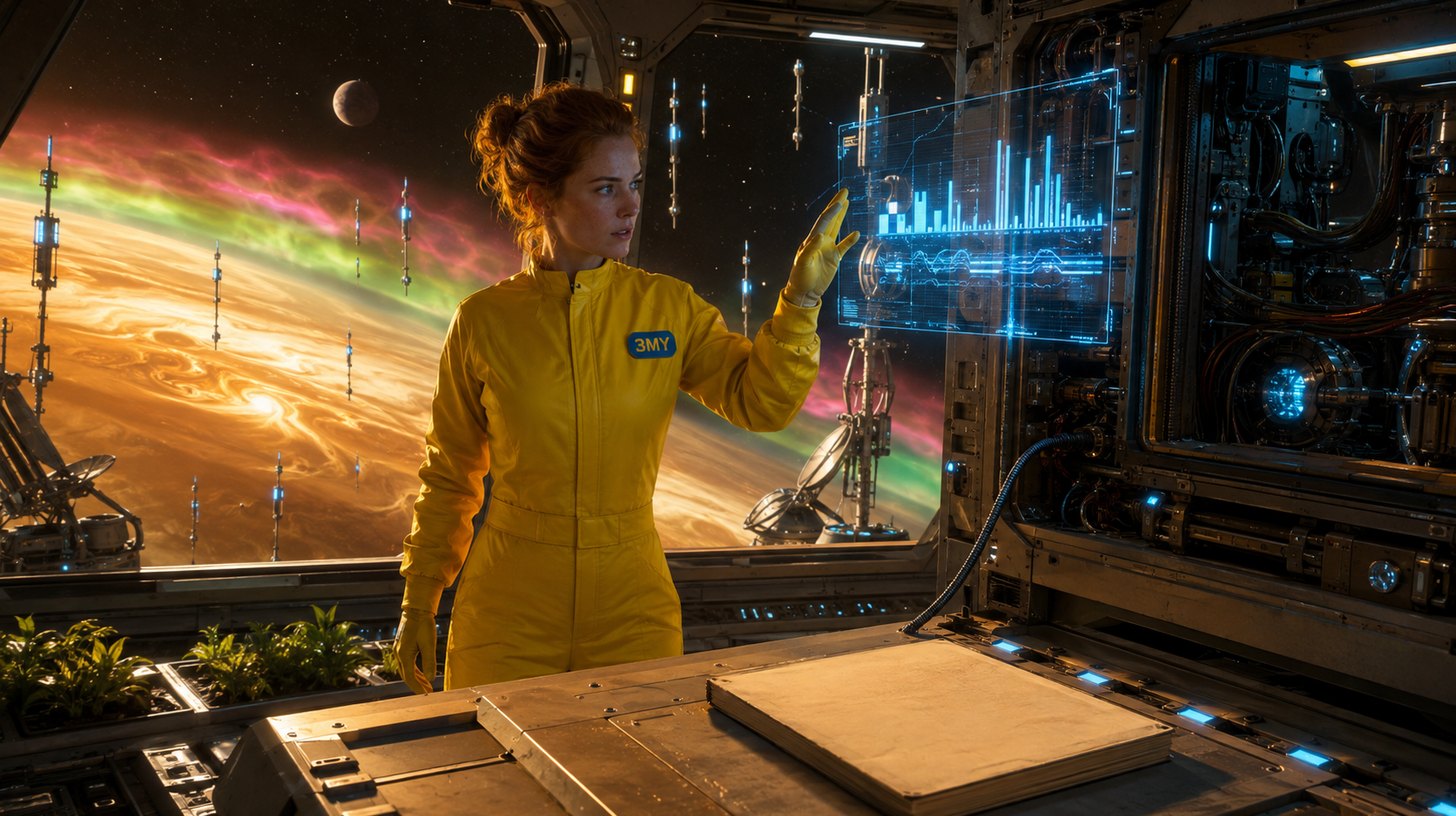A sealed dusty folder on the console beside a live holographic readout wired into the machinery