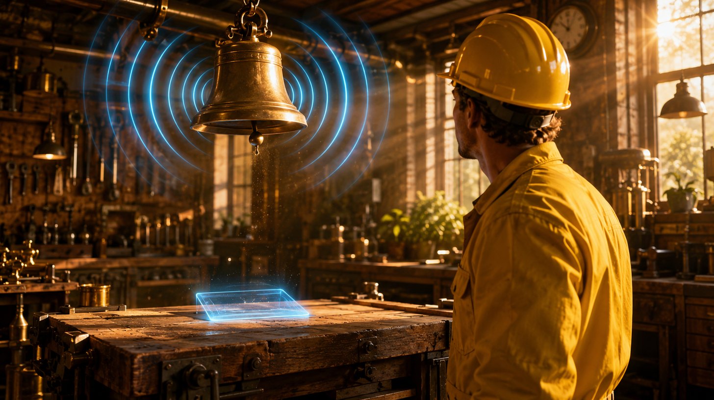 A worker in a yellow uniform woken by a large glowing alarm bell above a task that is still waiting untouched on the desk