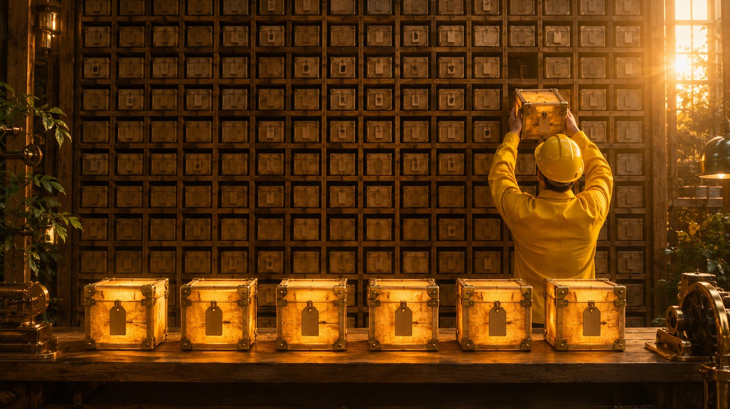 A wall of hundreds of identical dim crates behind a bench where exactly six of them stand apart, tagged and glowing