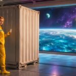 A crew member holding a tiny blank tag against an enormous cargo container