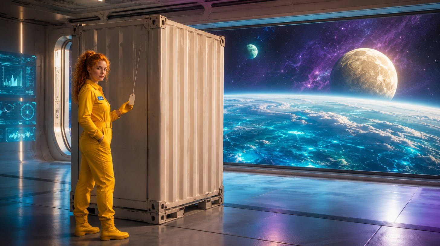 A crew member holding a tiny blank tag against an enormous cargo container