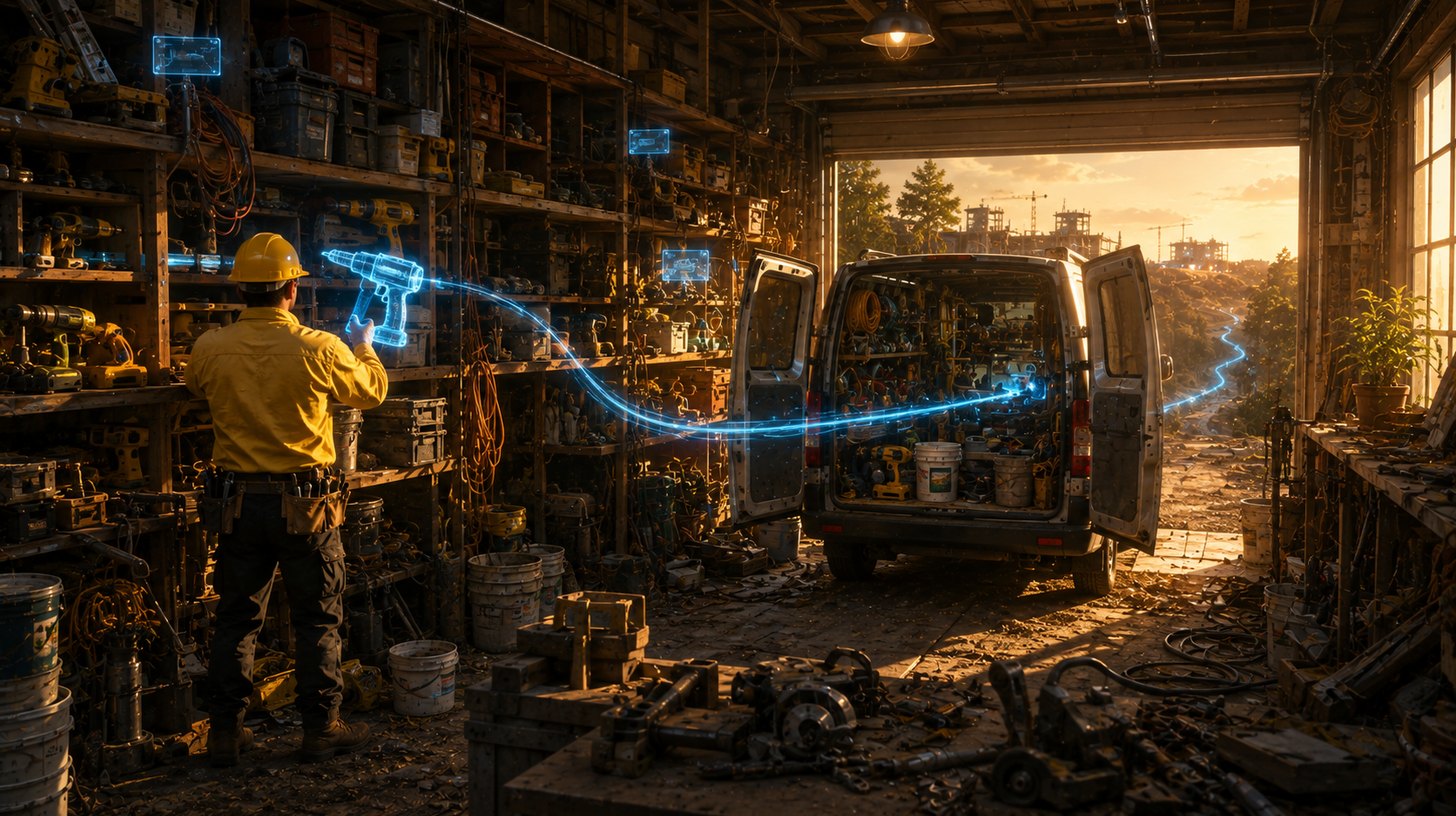 A cluttered garage packed with tools and a work van at the door, a worker lifting one glowing tool while a light trail runs from it out into the distance