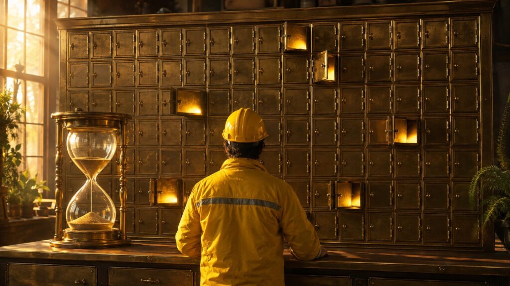 A worker before a tall rack of dozens of small closed doors, exactly six opened and glowing, an hourglass half run through beside him