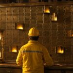 A worker before a tall rack of dozens of small closed doors, exactly six opened and glowing, an hourglass half run through beside him