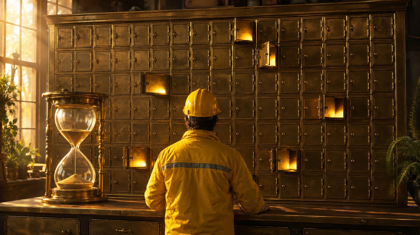 A worker before a tall rack of dozens of small closed doors, exactly six opened and glowing, an hourglass half run through beside him