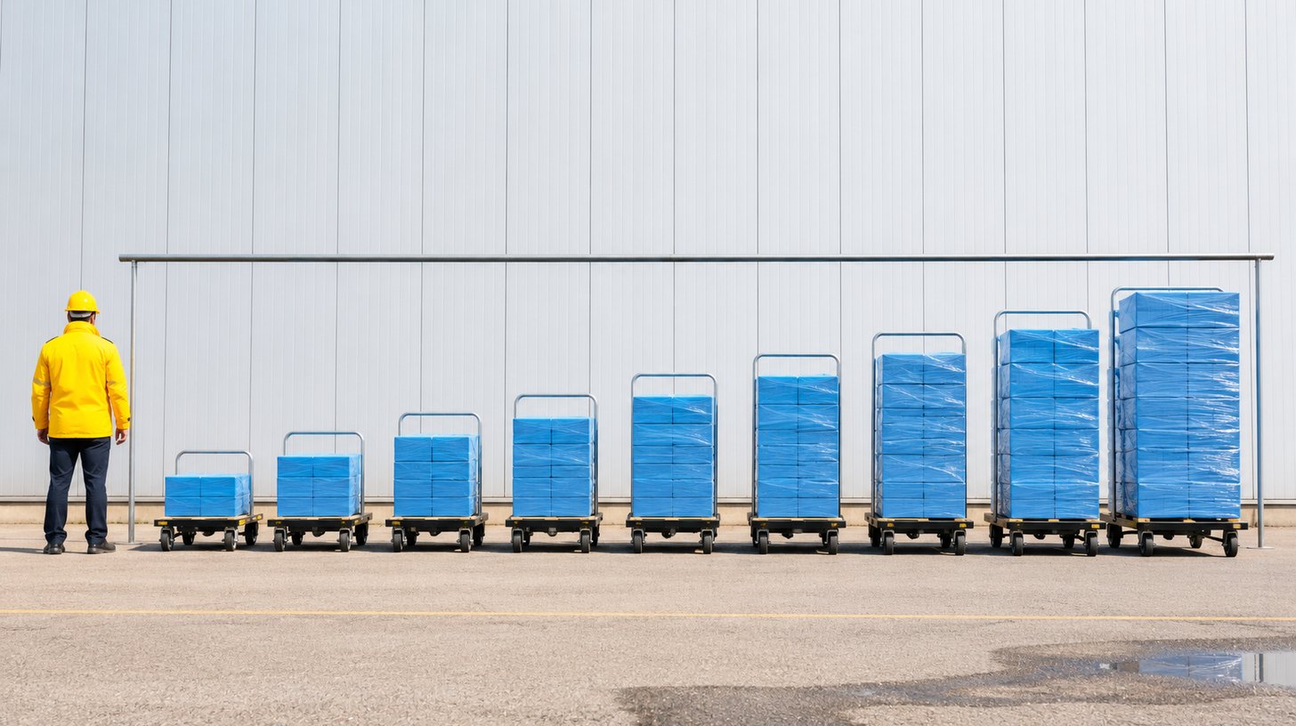A row of loaded carts along a brass rail under a measuring bar held at one height