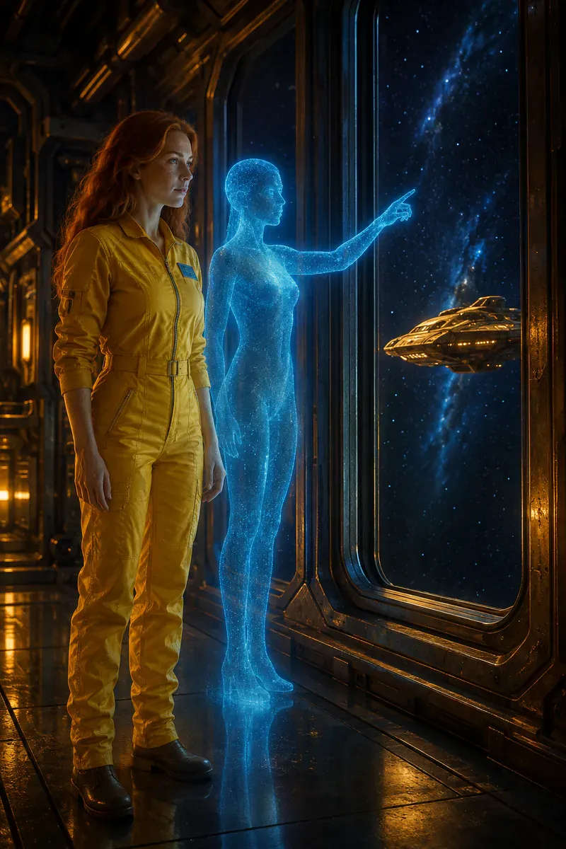 A holographic assistant pointing at one ship through the window — an AI assistant naming your business in its answer