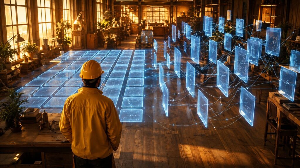 A worker in a yellow uniform facing a glowing spreadsheet grid whose right half lifts away into linked upright record cards