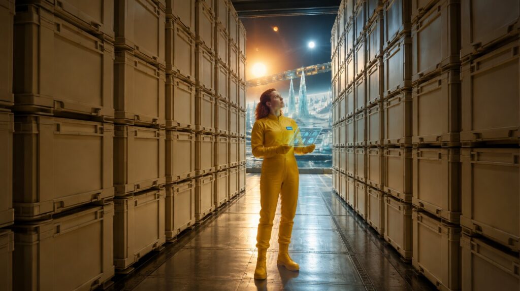 A crew member searching a long aisle of identical crates with no labels on any of them
