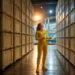 A crew member searching a long aisle of identical crates with no labels on any of them
