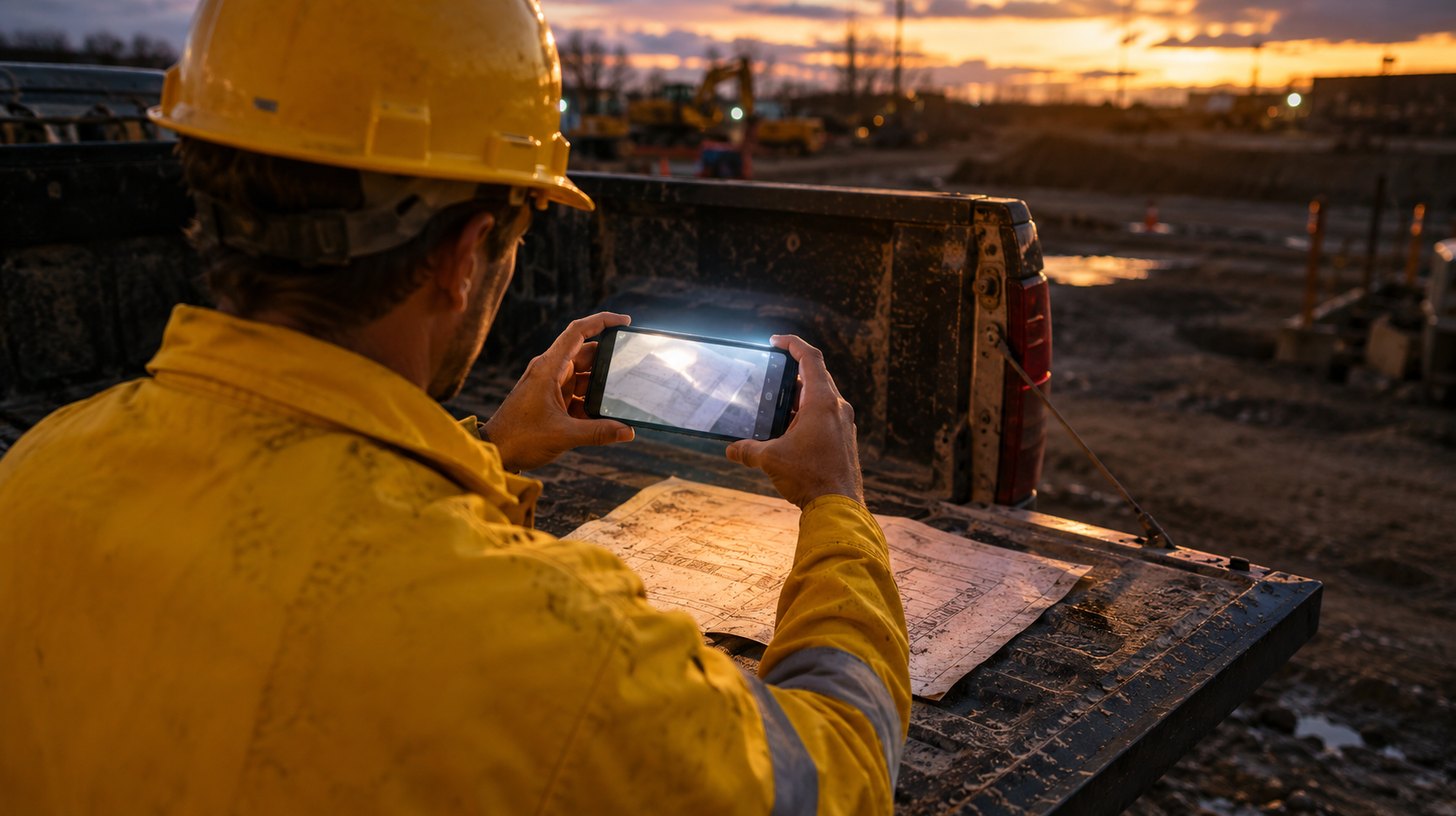 A worker in a yellow uniform photographing a creased paper invoice on a tailgate at dusk, the phone screen showing a blurred glare-streaked copy