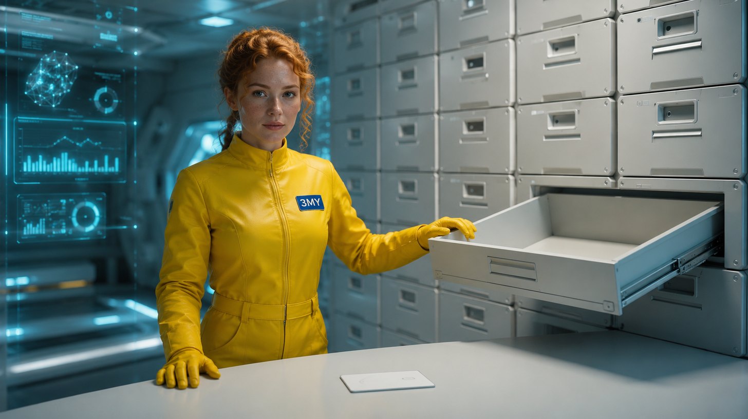 A wall of storage drawers with one pulled open and empty, a single blank data card on the counter