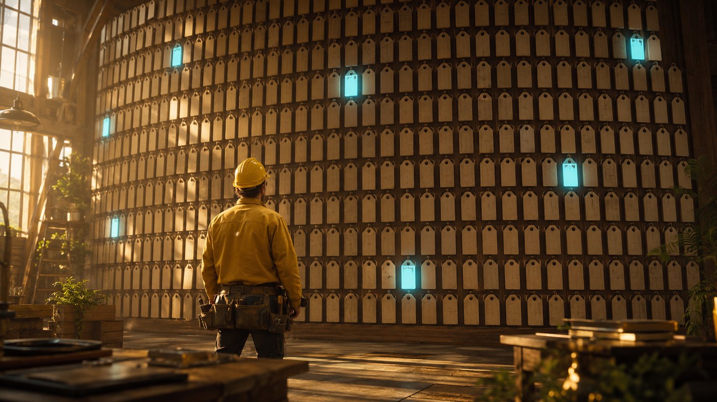 A worker in a yellow uniform standing before a tall wall of glowing price tags, most of them blank while only a few show a number