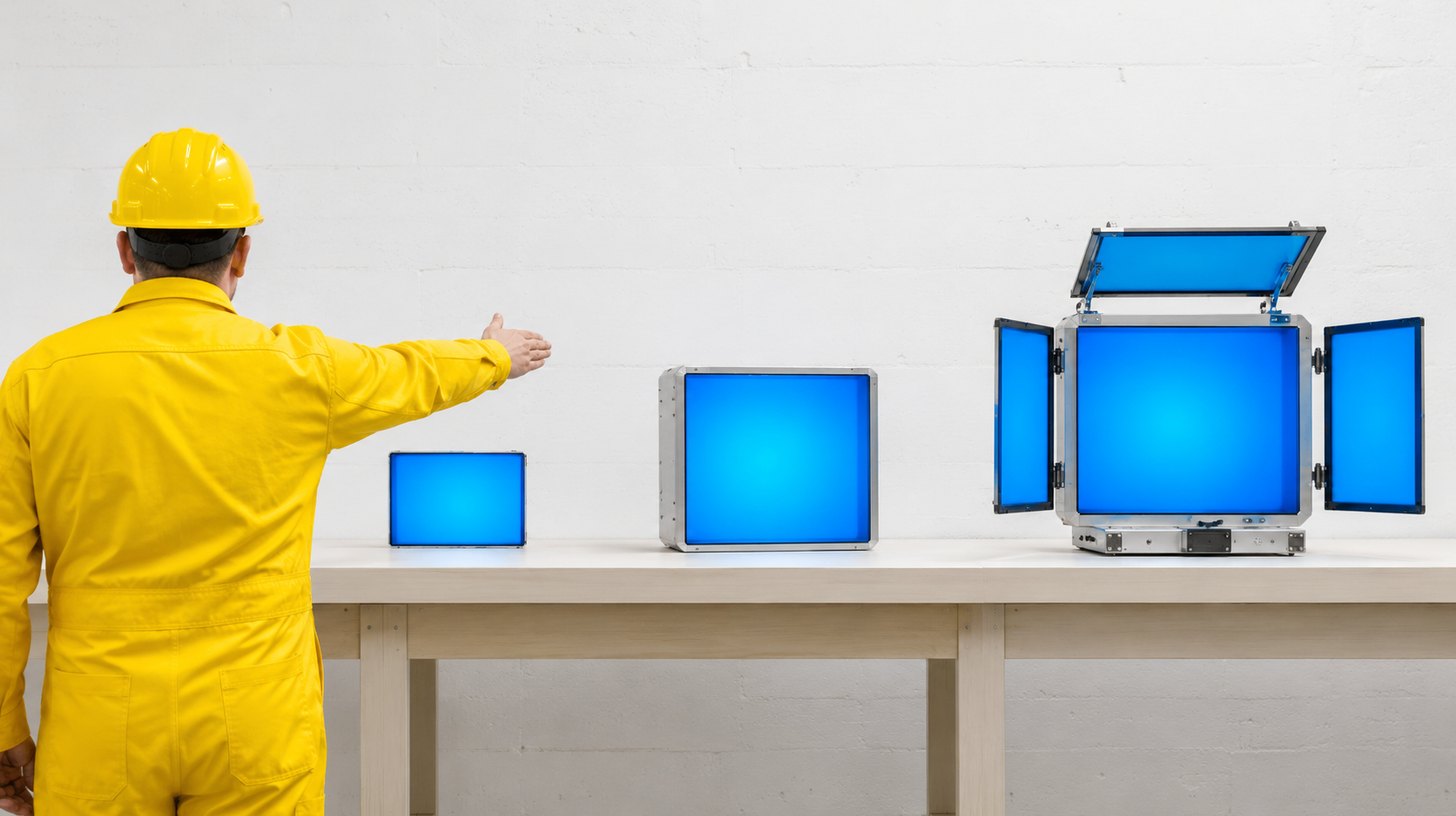 Three translucent blue display panels of increasing size and complexity on a brass frame
