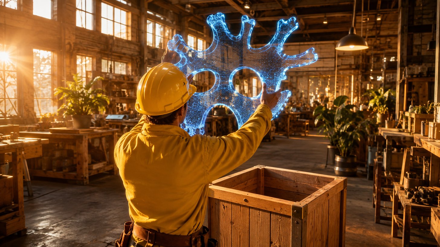 A worker in a yellow uniform holding an irregular glowing shape above a neat rectangular open box it clearly will not fit into