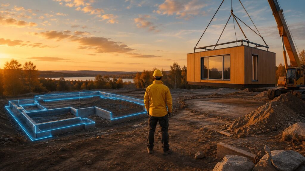 A crane lowering a rectangular prefab module toward a plot marked with guide lines it clearly does not match