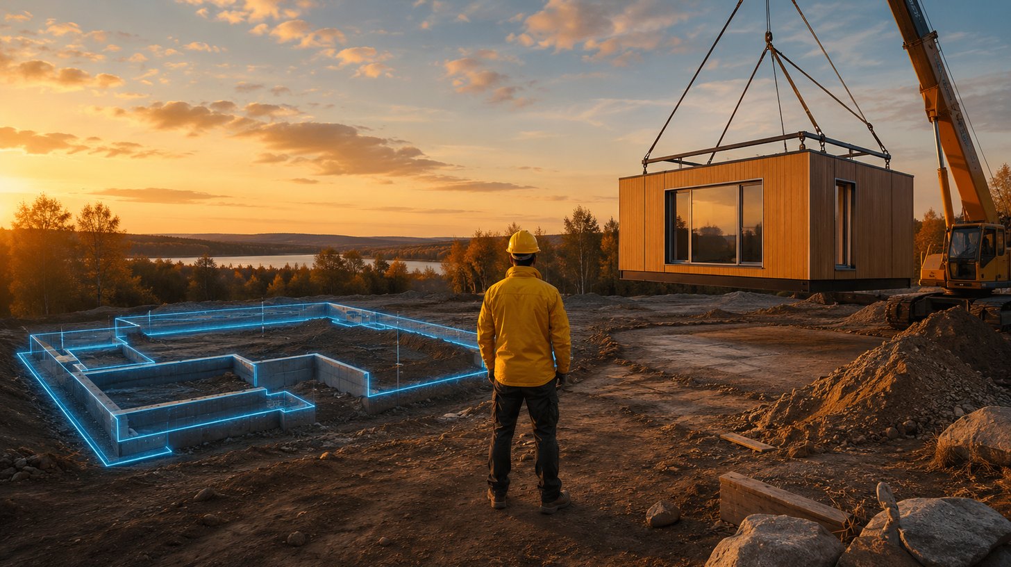 A crane lowering a rectangular prefab module toward a plot marked with guide lines it clearly does not match