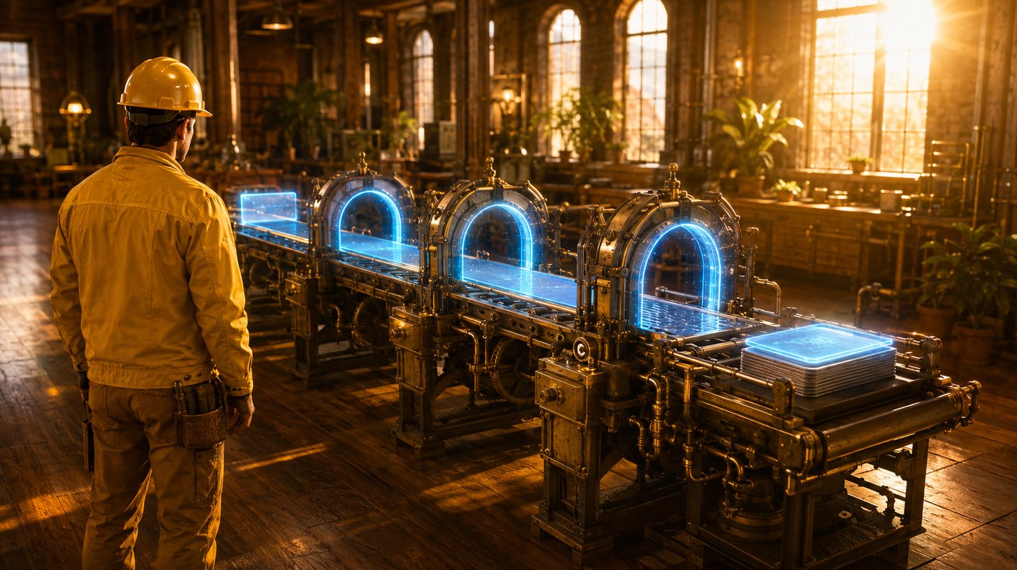 A worker in a yellow uniform watching a glowing chain of steps run itself from a form on the left to a finished record on the right