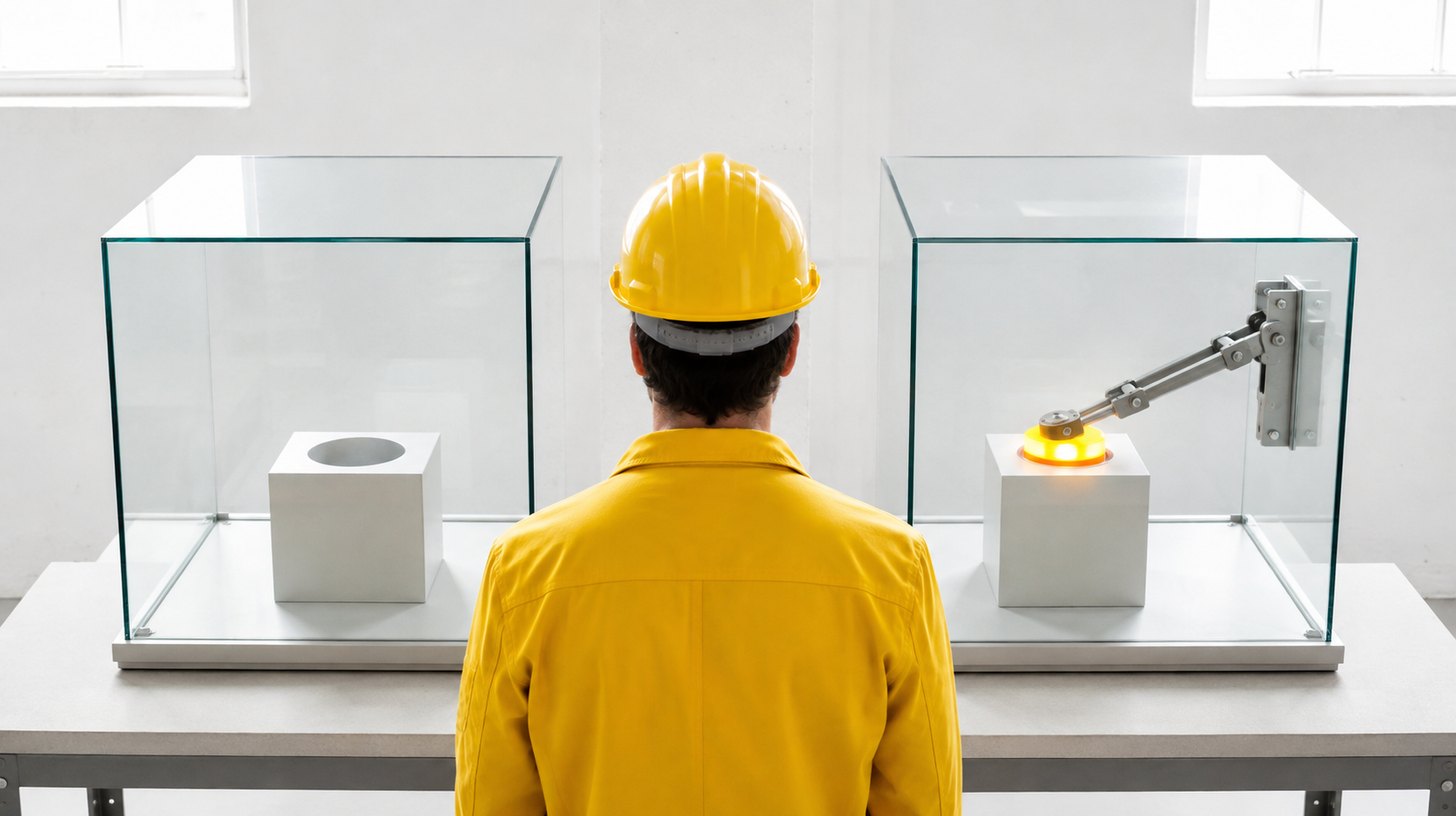 Two display cases: one with an empty button socket, one where another mechanism holds the button