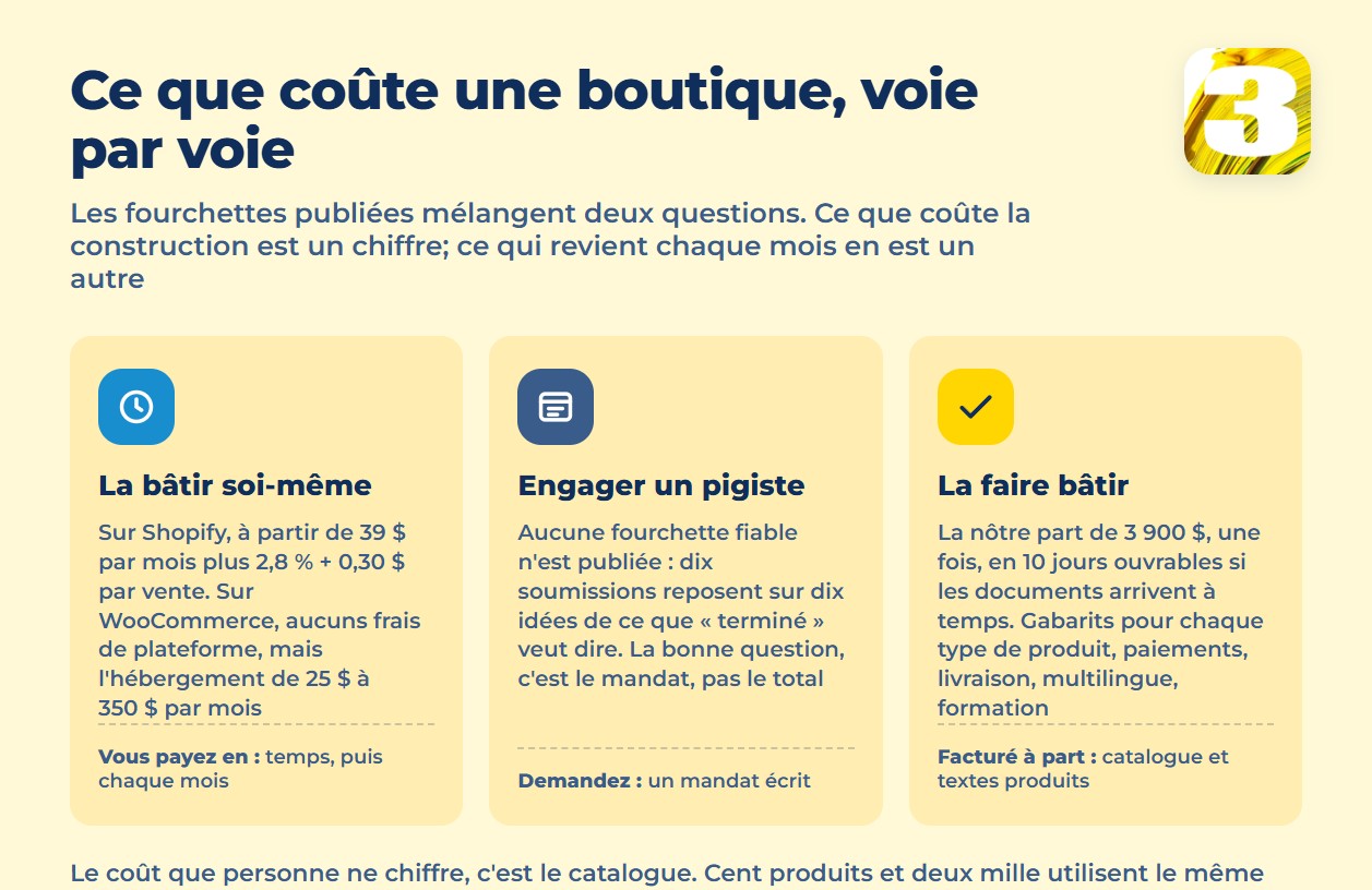 Infographie : ce que coûte une boutique en ligne selon la voie — soi-même, pigiste, agence