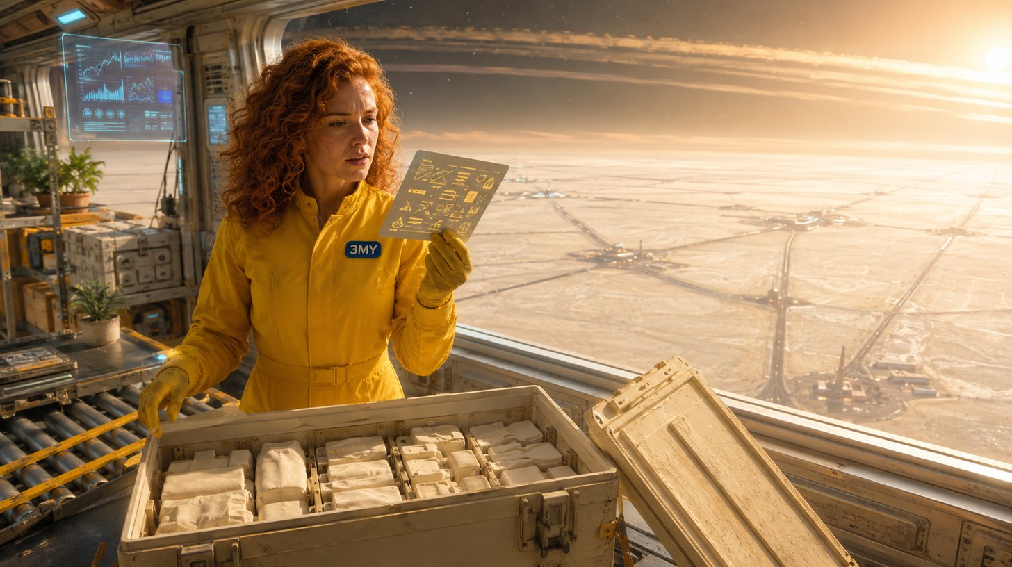 A crew member holding a manifest card up against the contents of an opened crate to compare them
