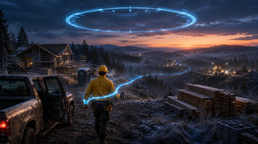 A worker in yellow stepping out of a pickup at dawn on a job site, a ribbon of light running from his wrist across the valley toward two other sites under a glowing ring