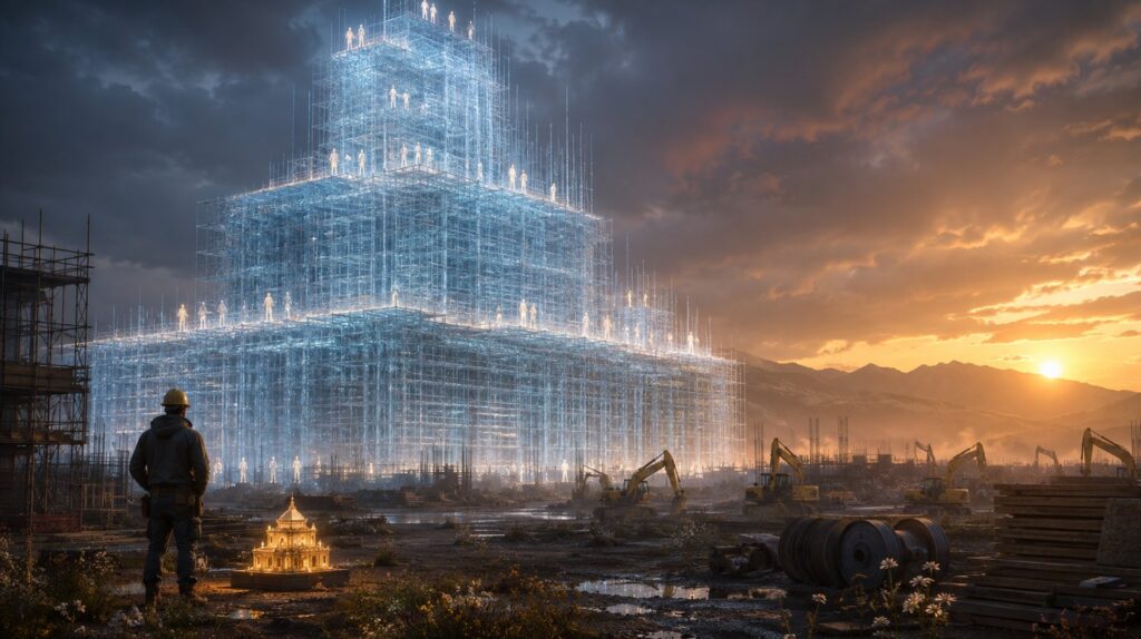 A contractor watching an enormous glowing scaffold tower climb endlessly into the sky while a small finished golden building stands complete at his feet