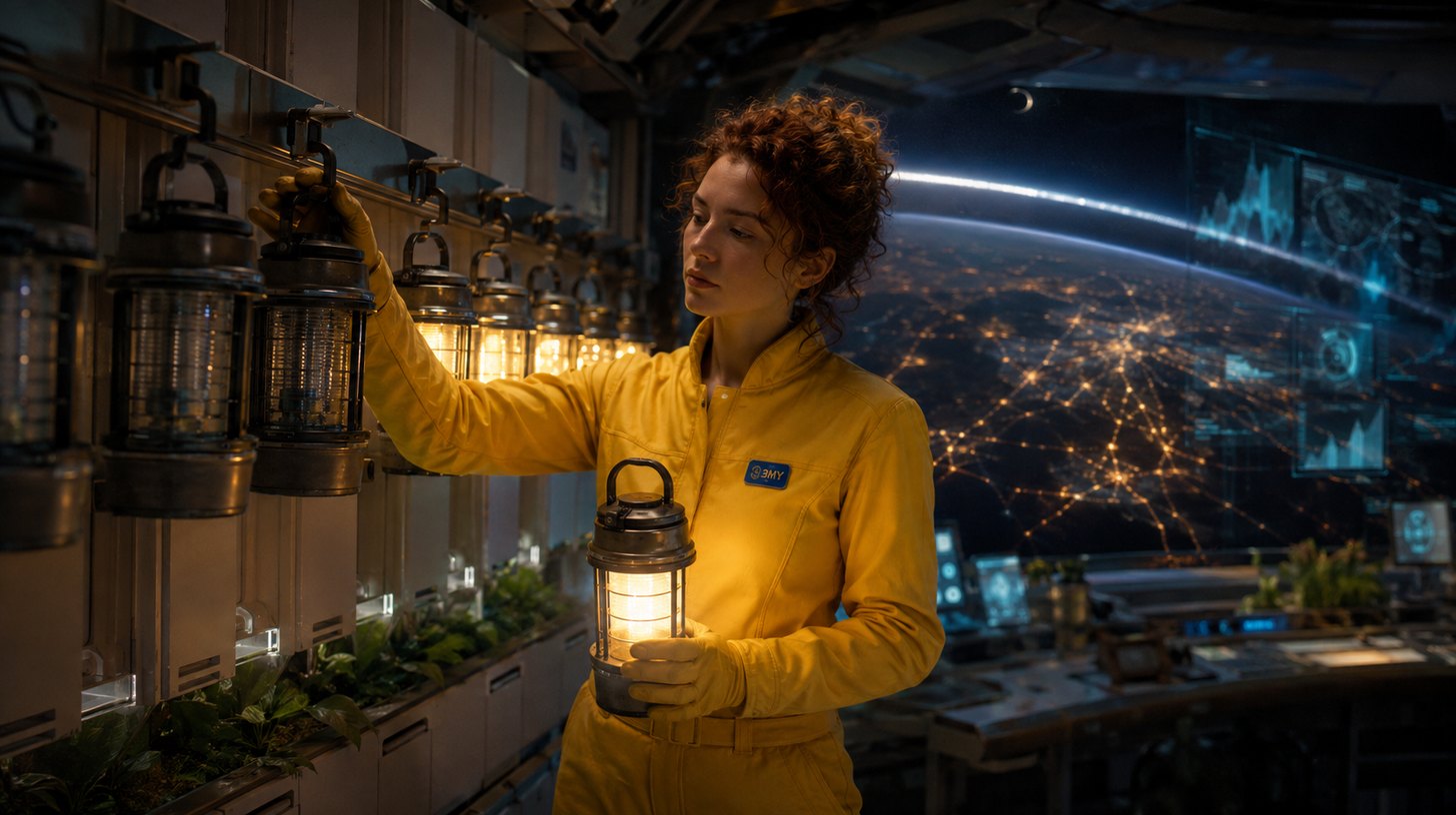 A crew member replacing a burned-out lantern in a rack where the nearest ones have gone dim