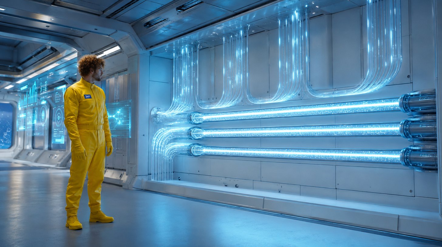 Dozens of thin glowing conduits converging into exactly four thick illuminated ducts