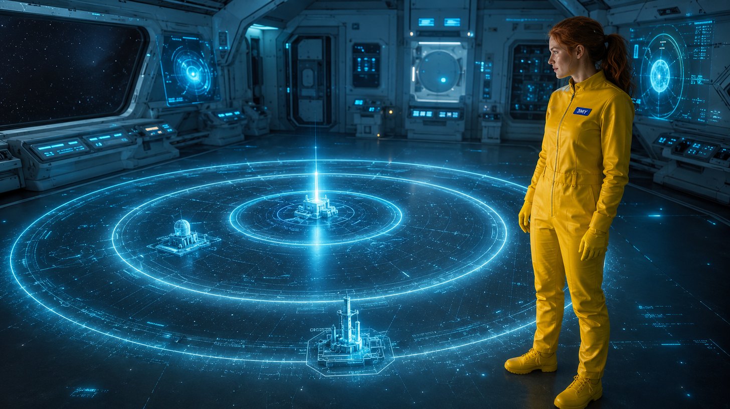Three concentric holographic rings radiating from a single beacon, with model structures on different rings