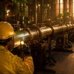A worker in a yellow jacket holding a lamp to a single hairline crack glowing on one joint of a long pipeline