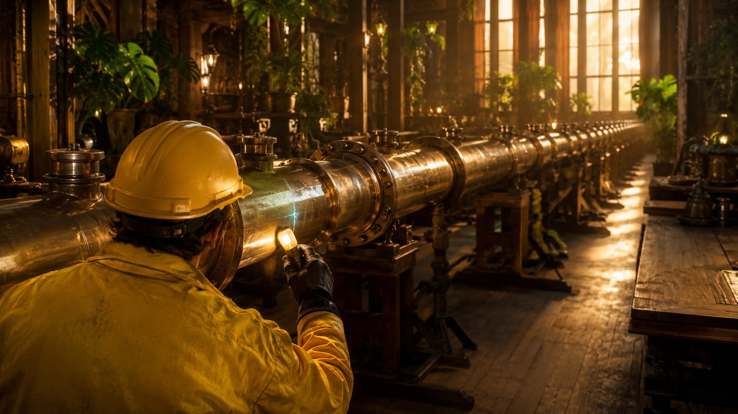 A worker in a yellow jacket holding a lamp to a single hairline crack glowing on one joint of a long pipeline