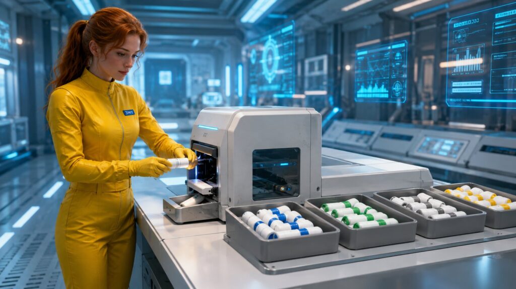 A dispatch machine marking message capsules beside four sorting trays with different colour bands
