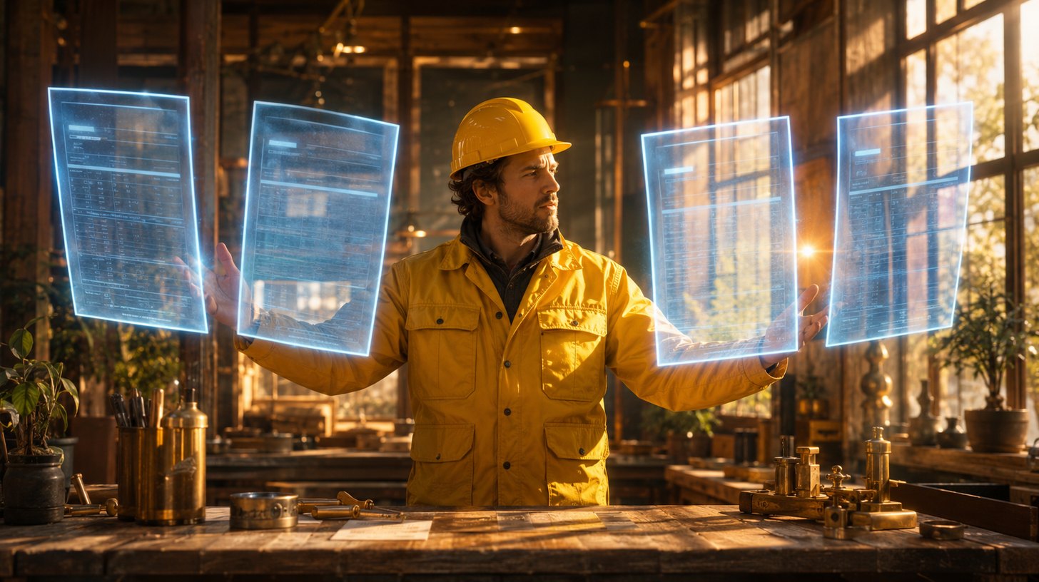A worker in a yellow uniform surrounded by four nearly identical glowing floating documents, unsure which one is current