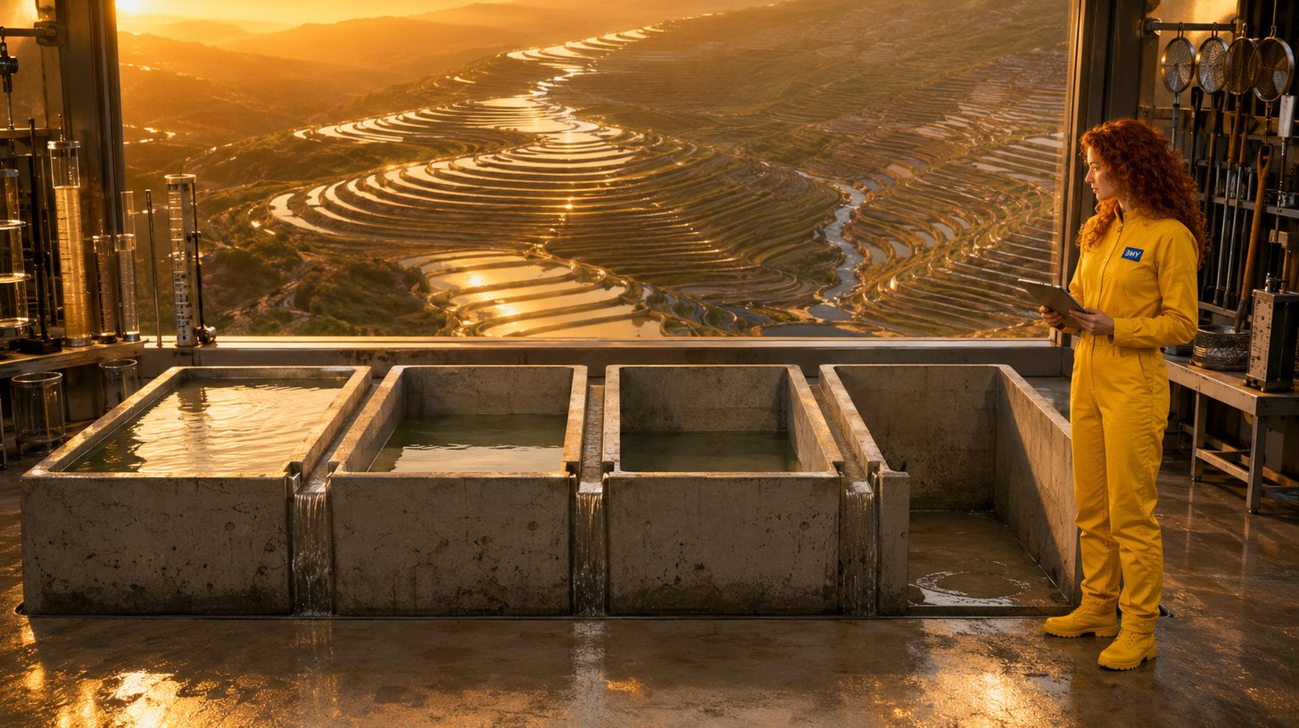 Four stone basins in a row with the water level dropping sharply from the first to the fourth