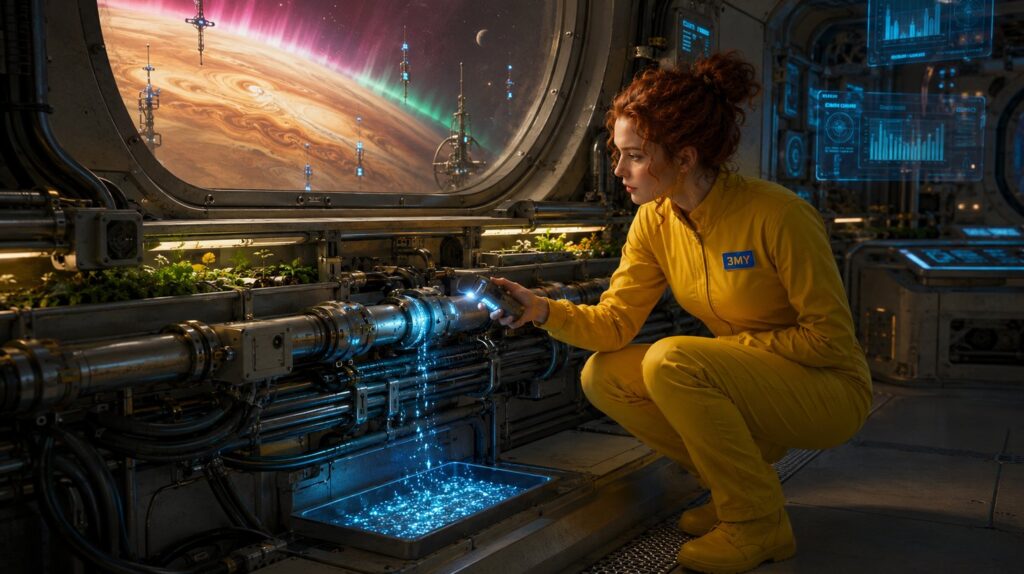 A crew member holding a scanner to the one leaking joint in a run of pipes, light motes falling into a tray