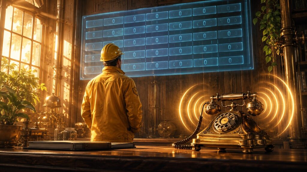 A brass telephone ringing on a desk while a large glowing tally board on the wall above sits at zero