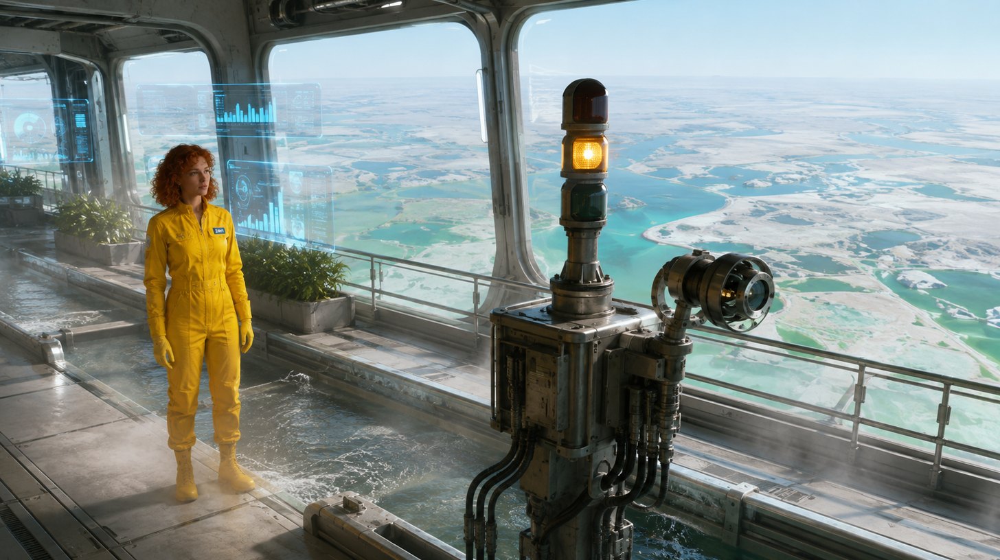 An unmanned monitoring post at the edge of a channel, one signal lamp lit amber