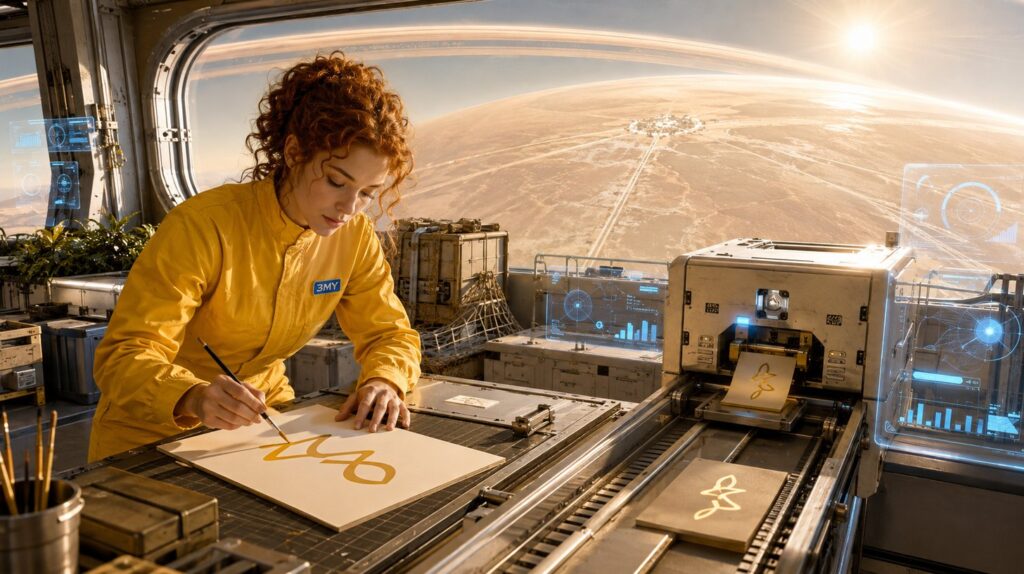 A crew member hand-lettering a sign at a bench while a machine beside her prints the same mark automatically
