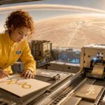 A crew member hand-lettering a sign at a bench while a machine beside her prints the same mark automatically