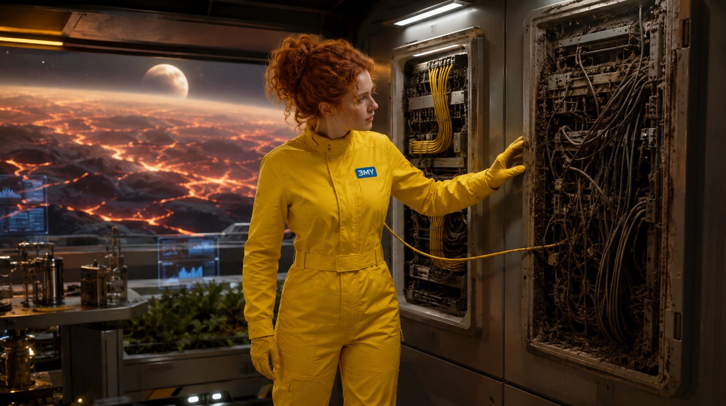 A crew member standing between two control panels, one clean and closed, the other open with tangled wiring inside