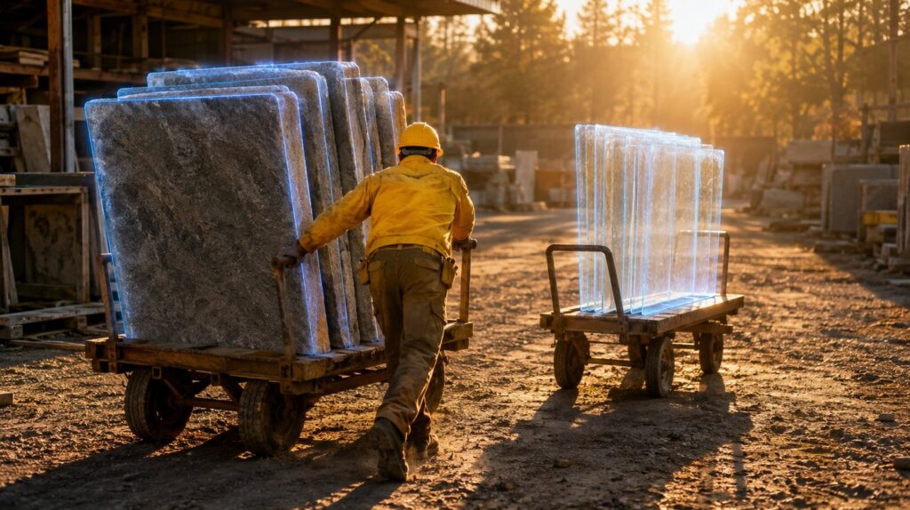 A worker pushing a cart loaded with thick heavy picture slabs beside an identical cart carrying the same pictures thin as glass